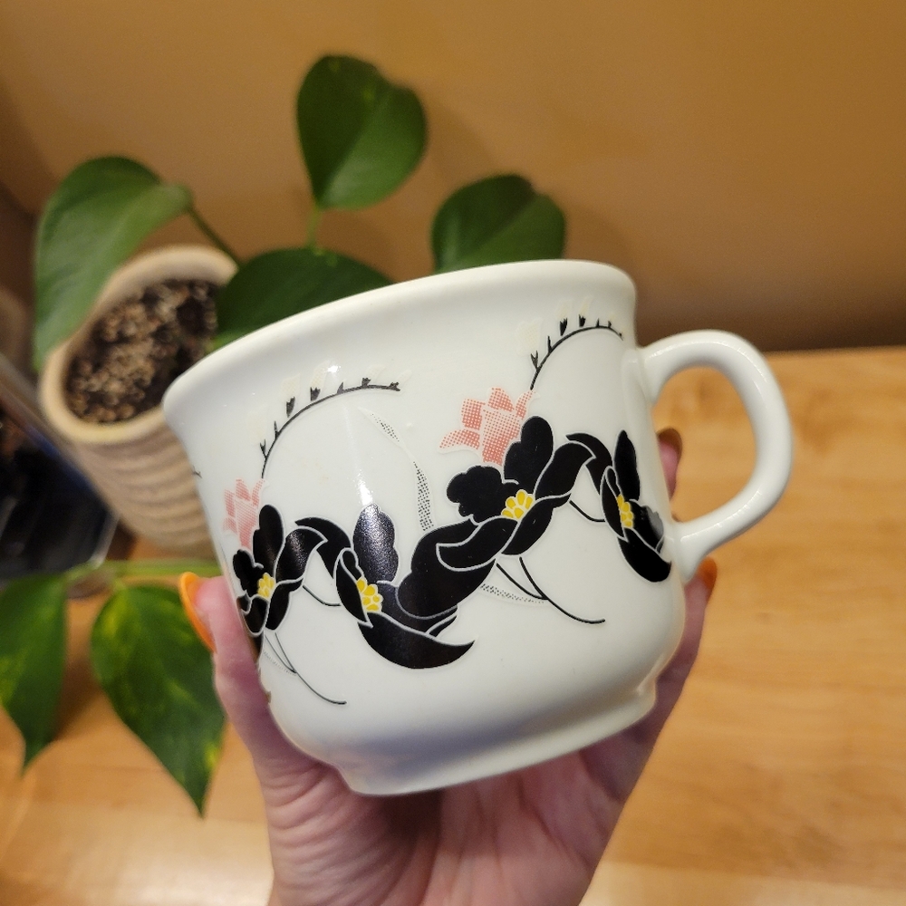 Vintage Black Floral Ceramic Mug